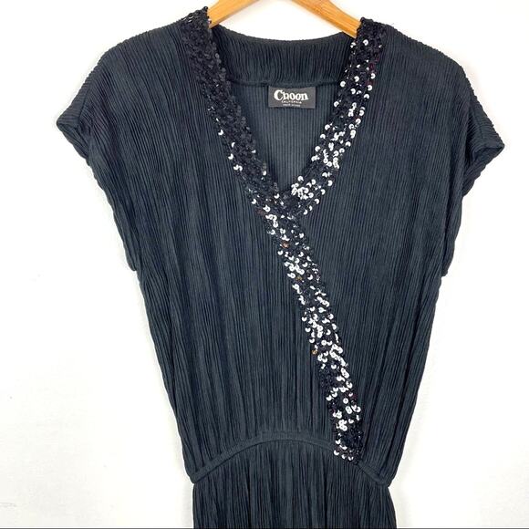 Vintage Black Maxi Dress Sequins Drop Waist - Picture 1 of 10